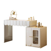 White modern makeup vanity featuring drawers and a side cabinet for organized storage